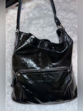 Longchamp Black Shiny Patent Leather Shoulder Bag with Front Zip Pocket